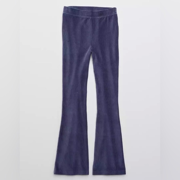 Aerie Groove-On Rib Velour High-Waisted Flare Pant, Blue, Size Large Short - Picture 5 of 16